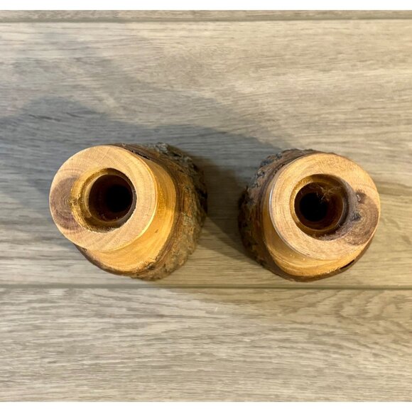 Vintage Wooden Candle Holders Signed Hand Carved Rustic Walnut - Picture 6 of 10